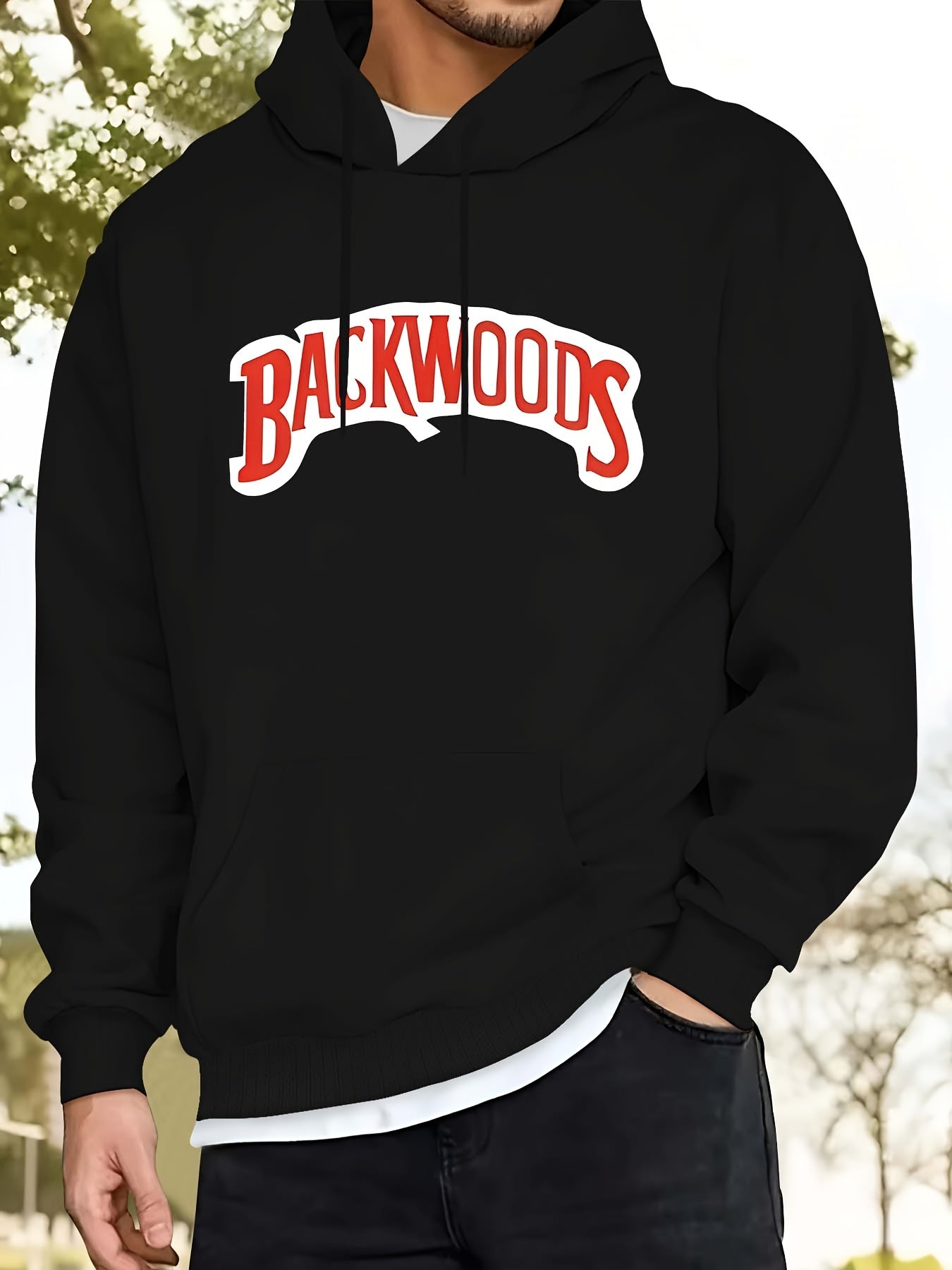 BACKWOODS Print, Men's Fashion Casual Hoodie With Drawstring, Long Sleeve Comfortable Pullover Hoodie For Autumn And Winter