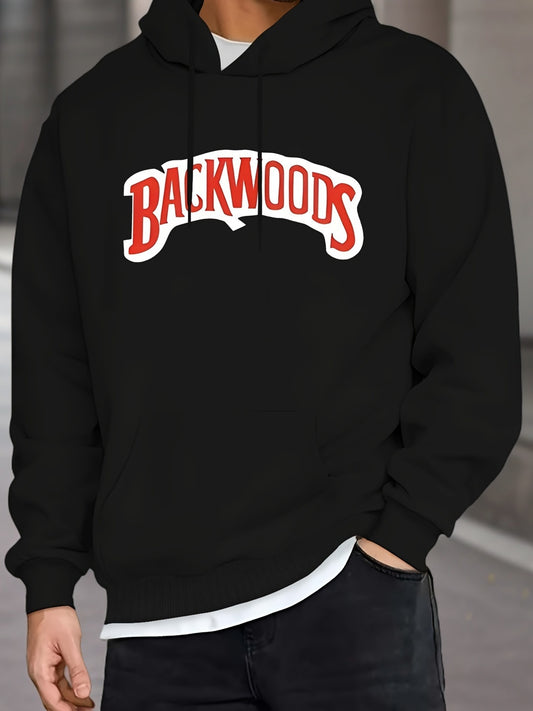 BACKWOODS Print, Men's Fashion Casual Hoodie With Drawstring, Long Sleeve Comfortable Pullover Hoodie For Autumn And Winter